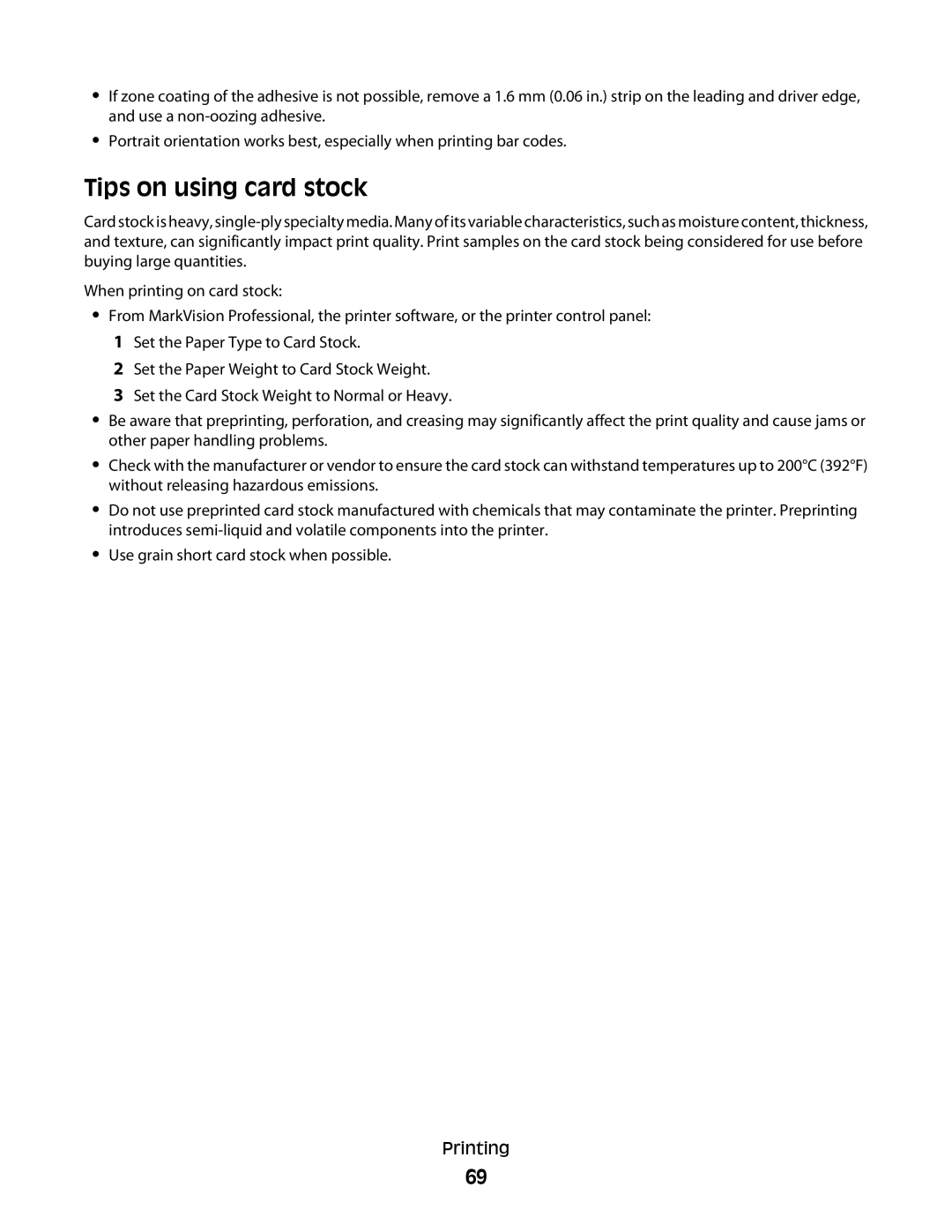 Lexmark 356, 387, 386, 383, 382, 352, 332, 336, 333, 337, 133, 138, 131 manual Tips on using card stock 