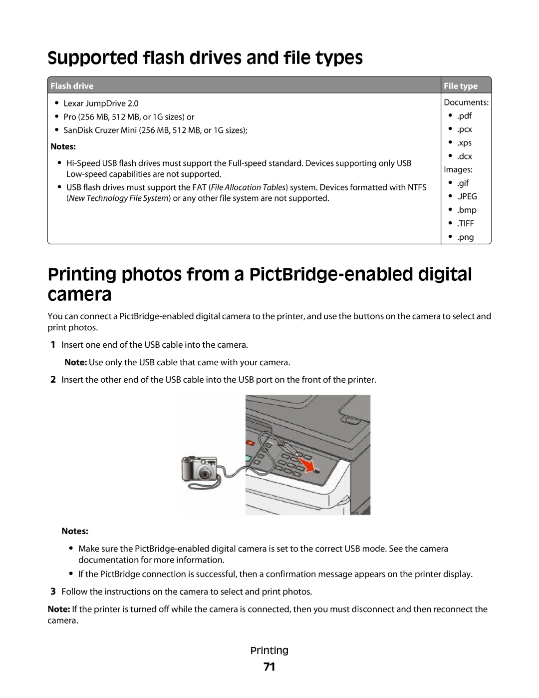 Lexmark 332 Supported flash drives and file types, Printing photos from a PictBridge-enabled digital camera, Flash drive 