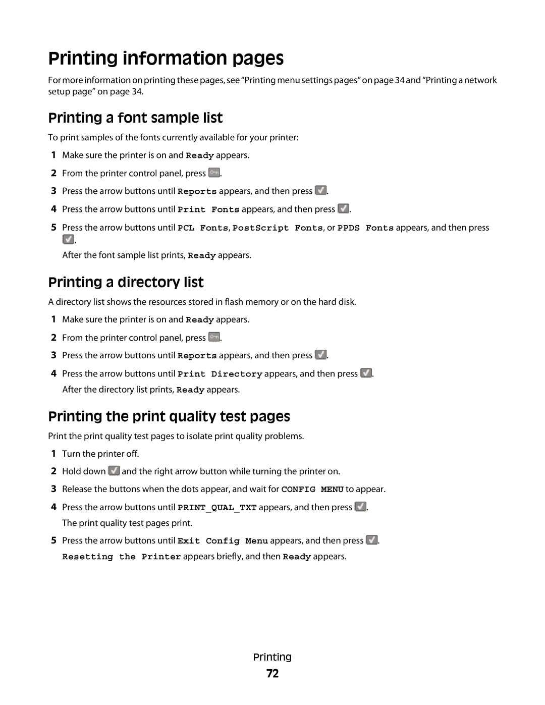 Lexmark 336, 387, 386, 383, 382, 356, 352 Printing information pages, Printing a font sample list, Printing a directory list 