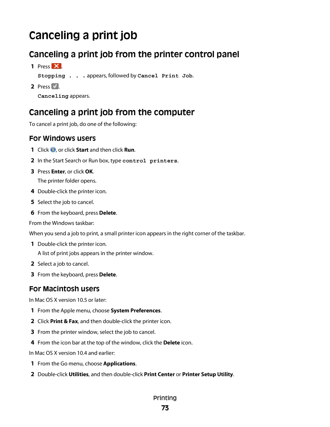 Lexmark 333, 387, 386, 383 Canceling a print job from the printer control panel, Canceling a print job from the computer 