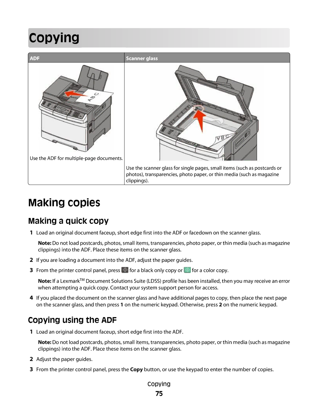 Lexmark 133, 387, 386, 383, 382, 356, 352, 332, 336, 333, 337, 138, 131 Making copies, Making a quick copy, Copying using the ADF 