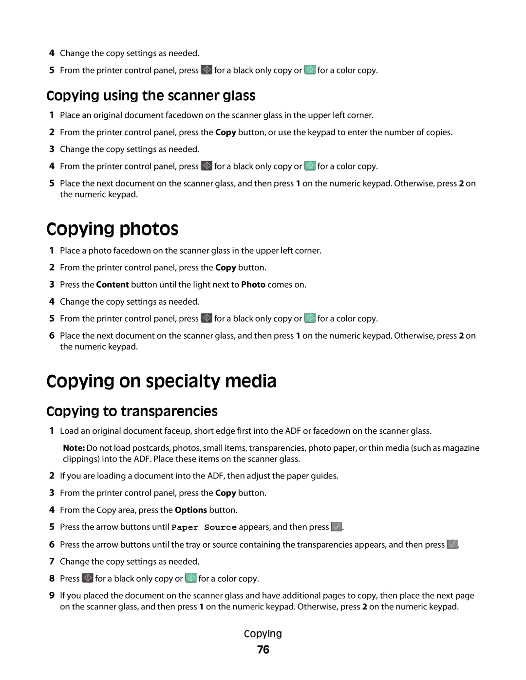 Lexmark 138, 387 Copying photos, Copying on specialty media, Copying using the scanner glass, Copying to transparencies 