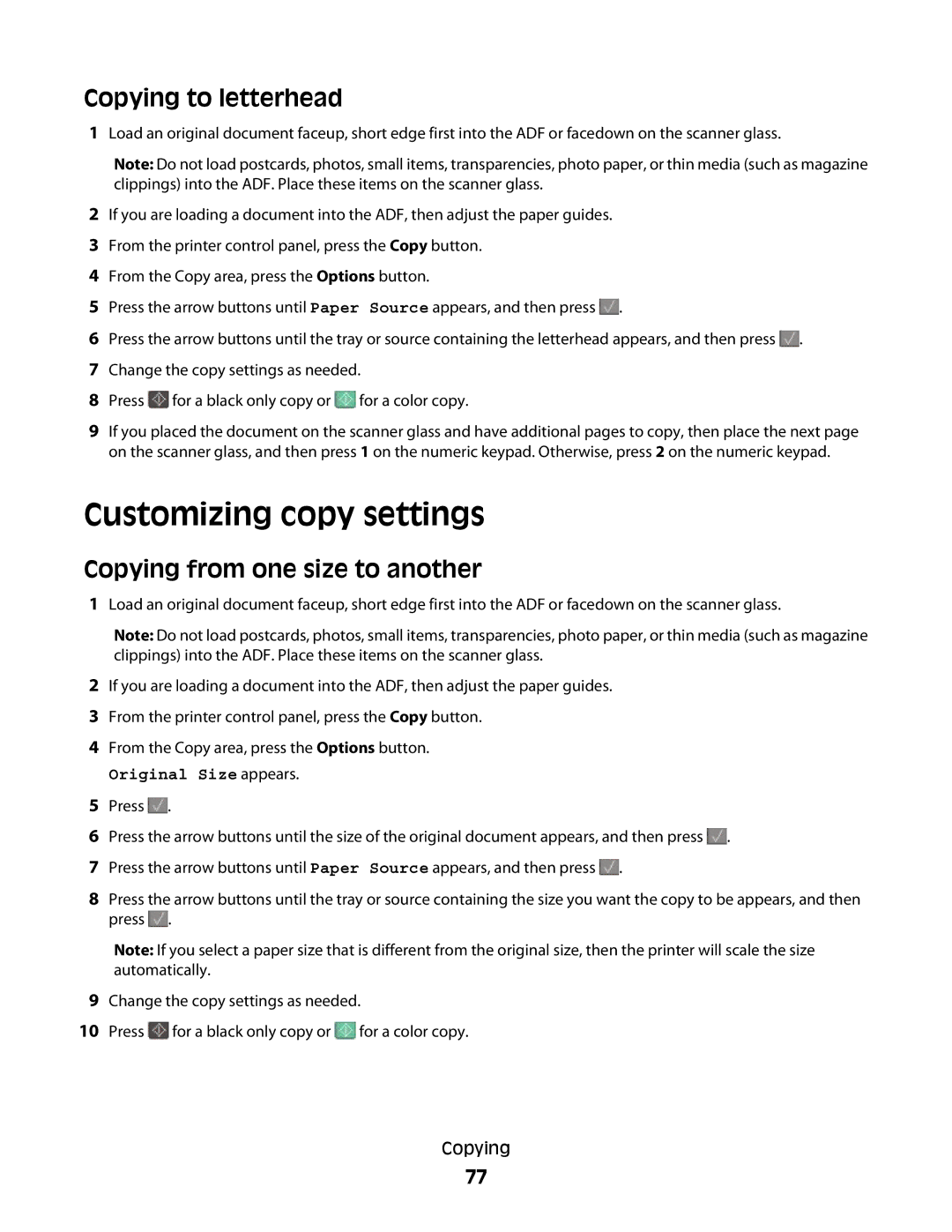 Lexmark 131, 387, 386, 383, 382, 356, 352 Customizing copy settings, Copying to letterhead, Copying from one size to another 