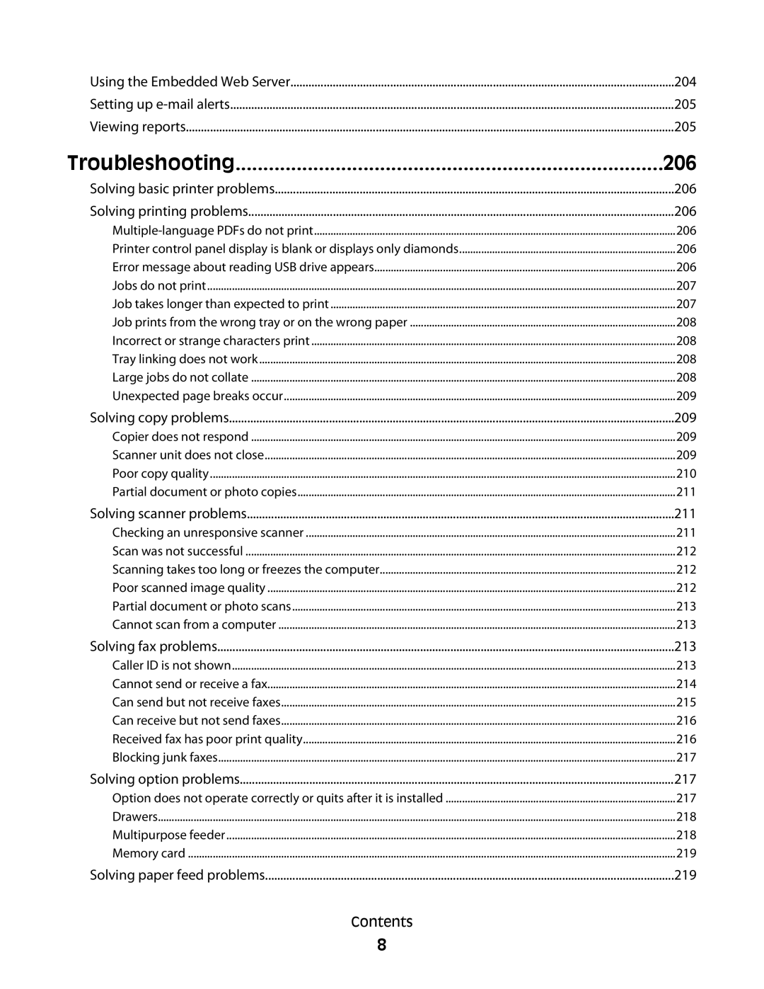 Lexmark 333, 387, 386, 383, 382, 356, 352, 332, 336, 337, 133, 138, 131 manual Troubleshooting, 206 