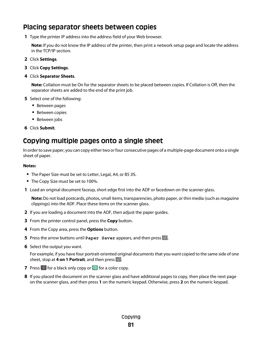 Lexmark 382, 387, 386, 383, 356, 352, 332 Placing separator sheets between copies, Copying multiple pages onto a single sheet 