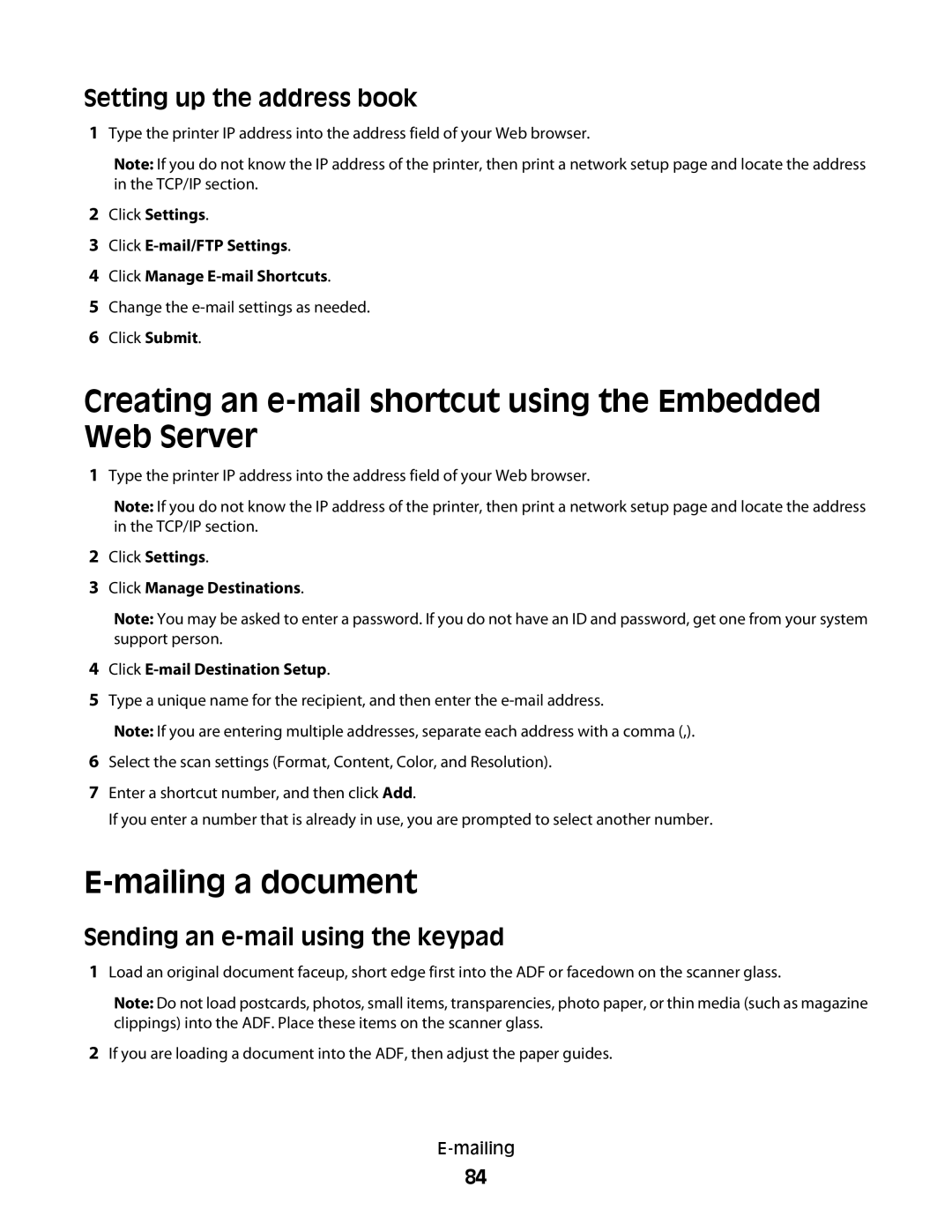 Lexmark 332, 387, 386, 383, 382, 356 Creating an e-mail shortcut using the Embedded Web Server, Setting up the address book 