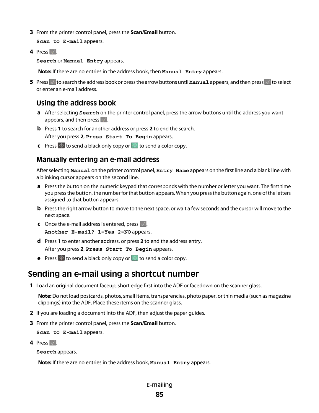 Lexmark 336, 387 Sending an e-mail using a shortcut number, Using the address book, Manually entering an e-mail address 