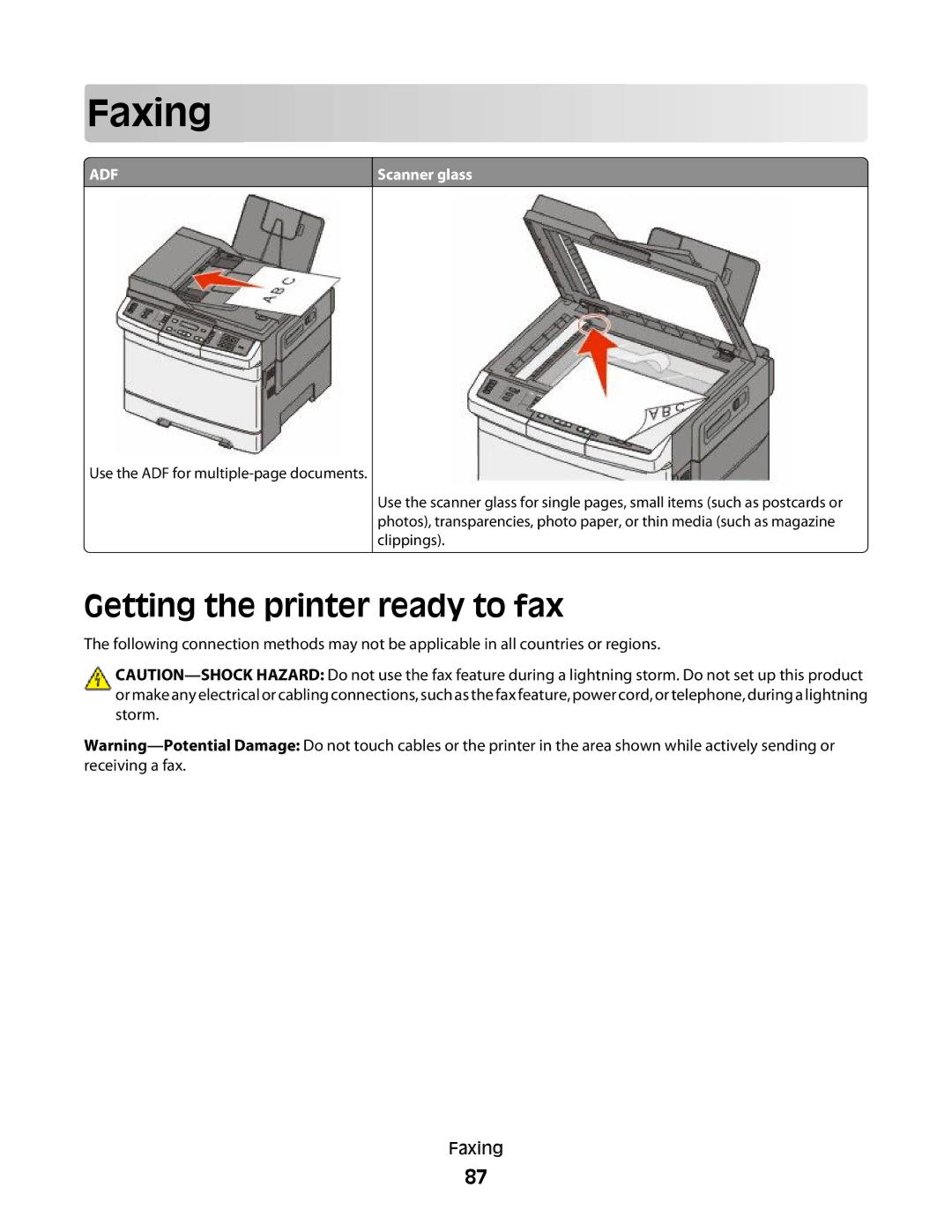 Lexmark 337, 387, 386, 383, 382, 356, 352, 332, 336, 333, 133, 138, 131 manual Faxing, Getting the printer ready to fax 