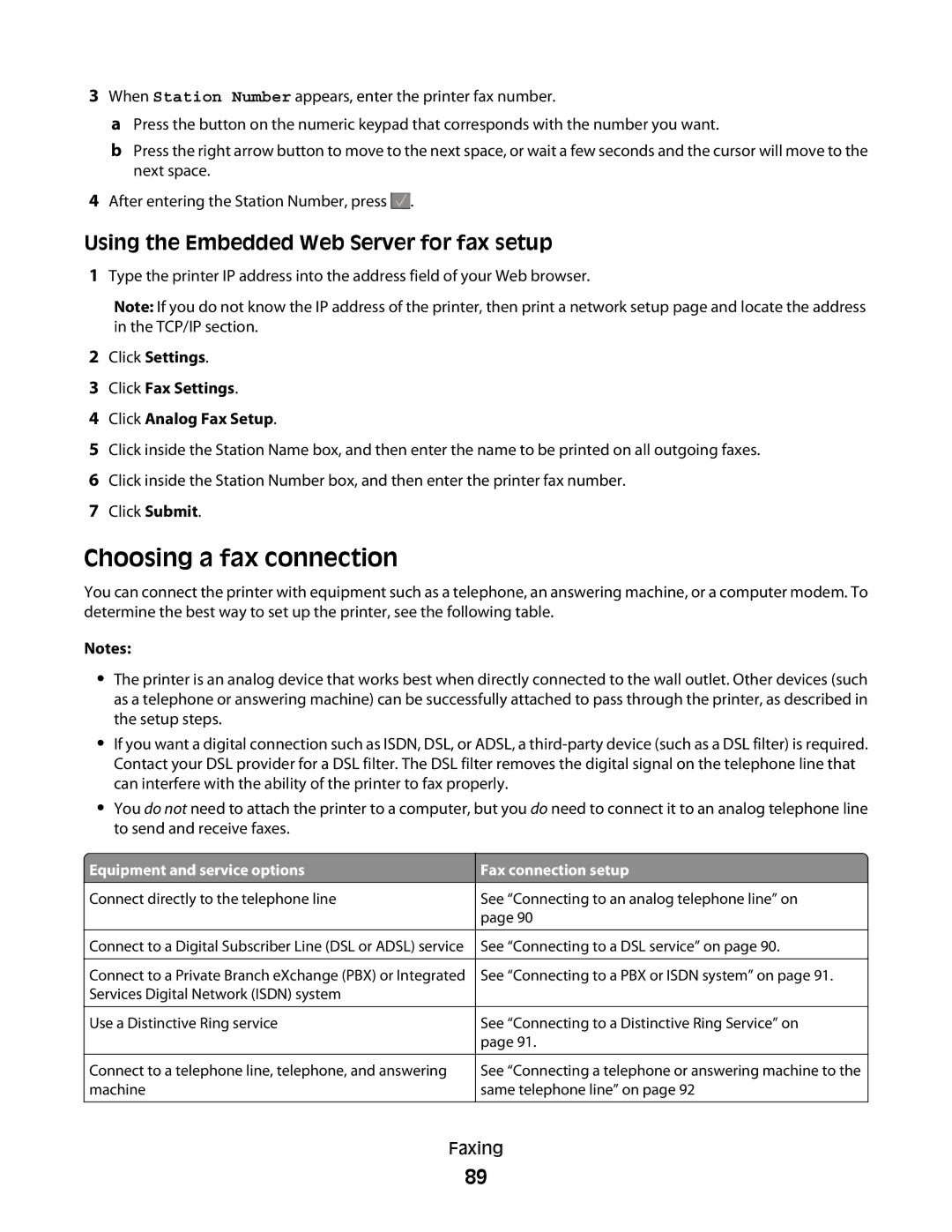 Lexmark 138, 387, 386 Choosing a fax connection, Using the Embedded Web Server for fax setup, Equipment and service options 