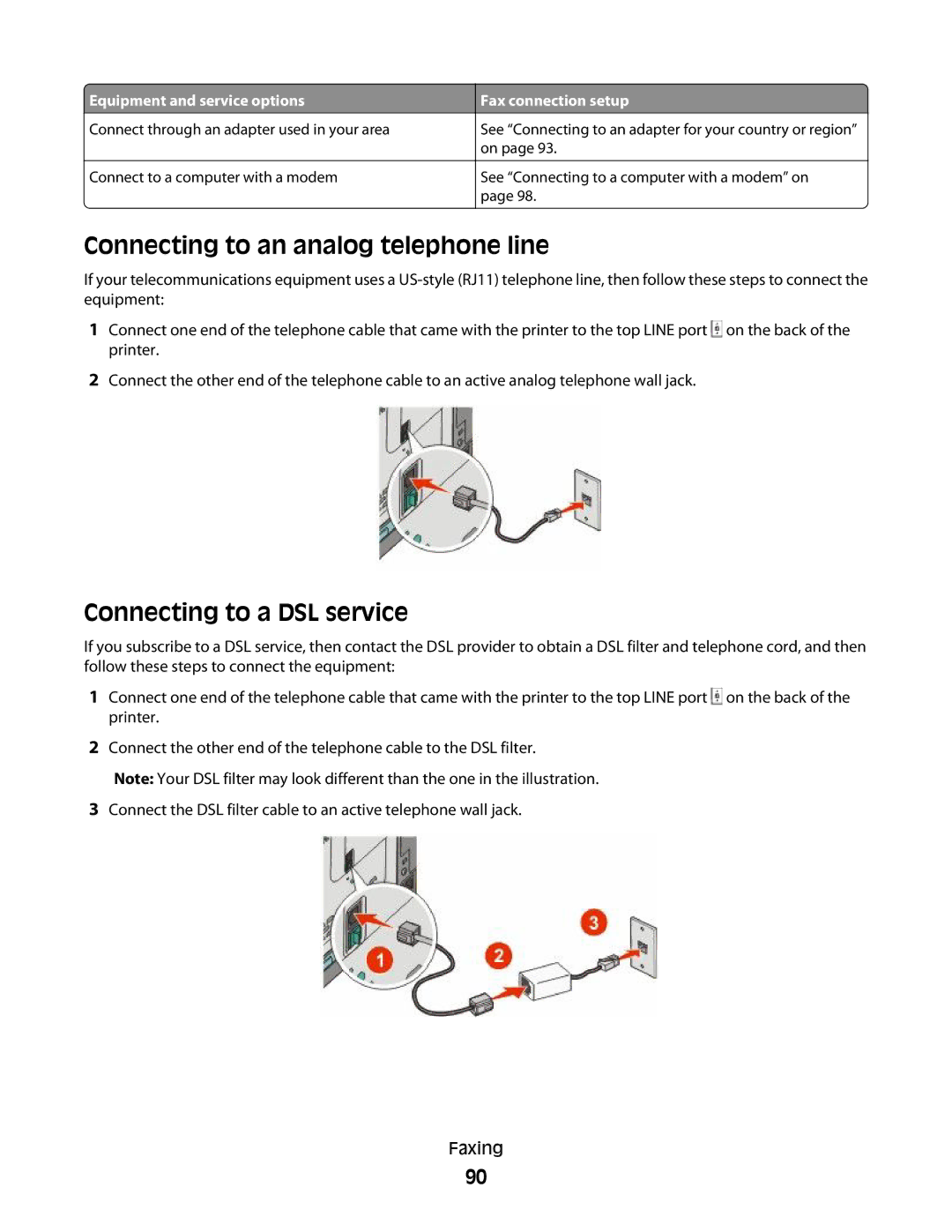 Lexmark 131, 387, 386, 383, 382, 356, 352, 332, 336, 333, 337 Connecting to an analog telephone line, Connecting to a DSL service 