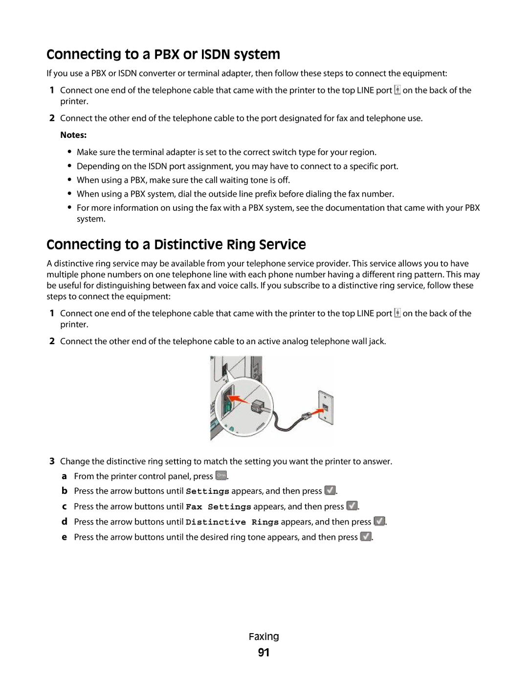 Lexmark 387, 386, 383, 382, 356, 352, 332, 336, 333 Connecting to a PBX or Isdn system, Connecting to a Distinctive Ring Service 