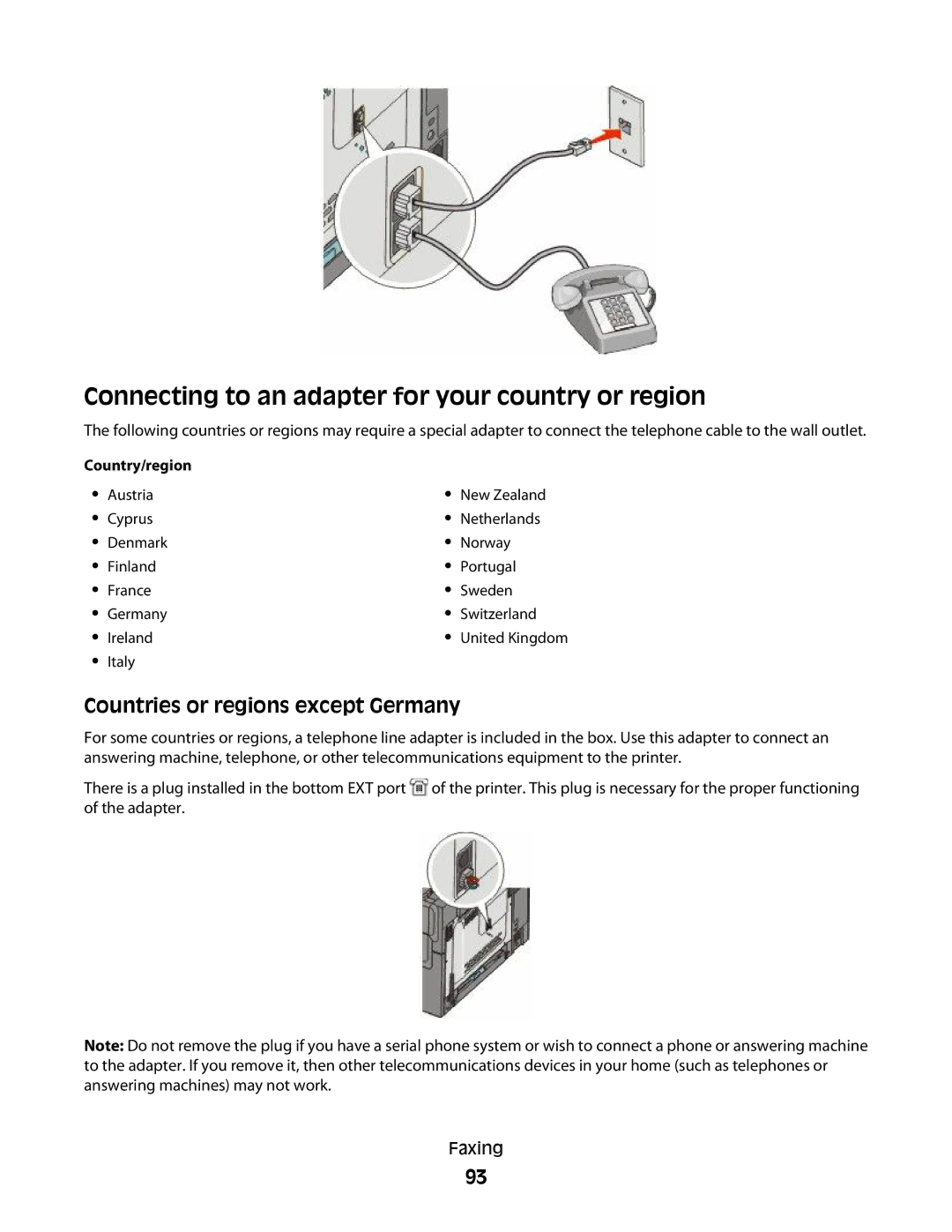 Lexmark 383, 387, 386, 382, 356, 352 Connecting to an adapter for your country or region, Countries or regions except Germany 