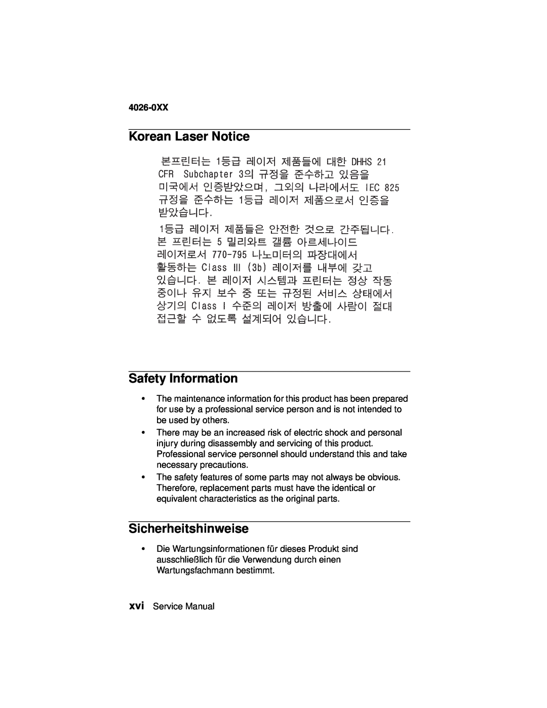 Lexmark 4026-0XX manual Korean Laser Notice Safety Information, Sicherheitshinweise 