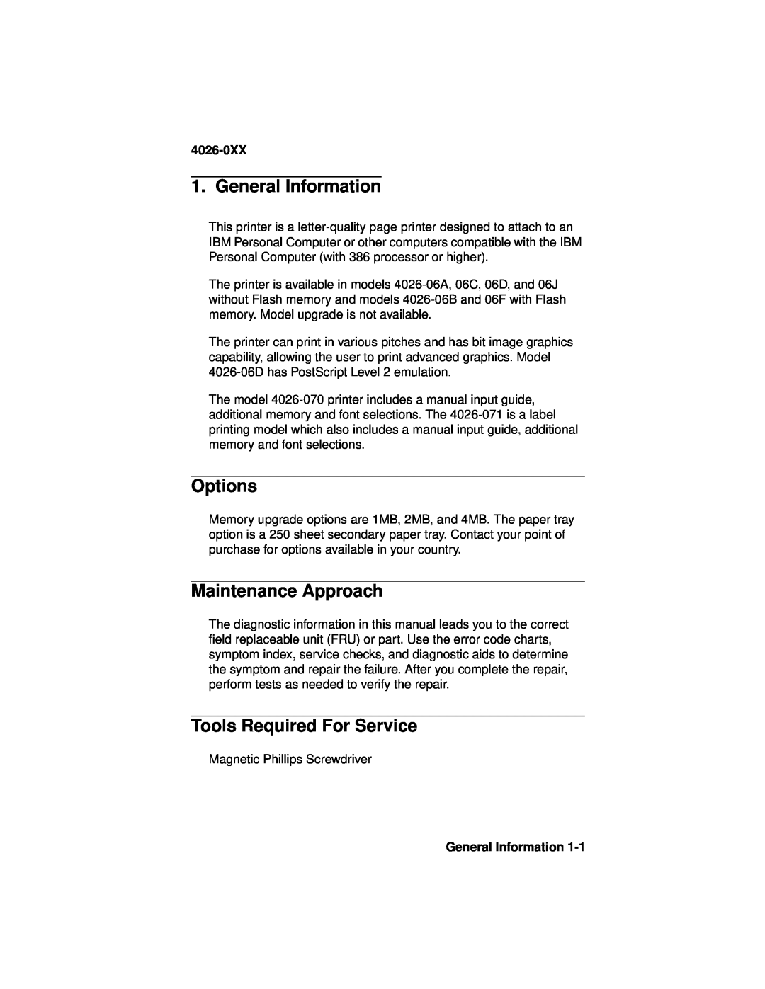 Lexmark 4026-0XX manual General Information, Options, Maintenance Approach, Tools Required For Service 