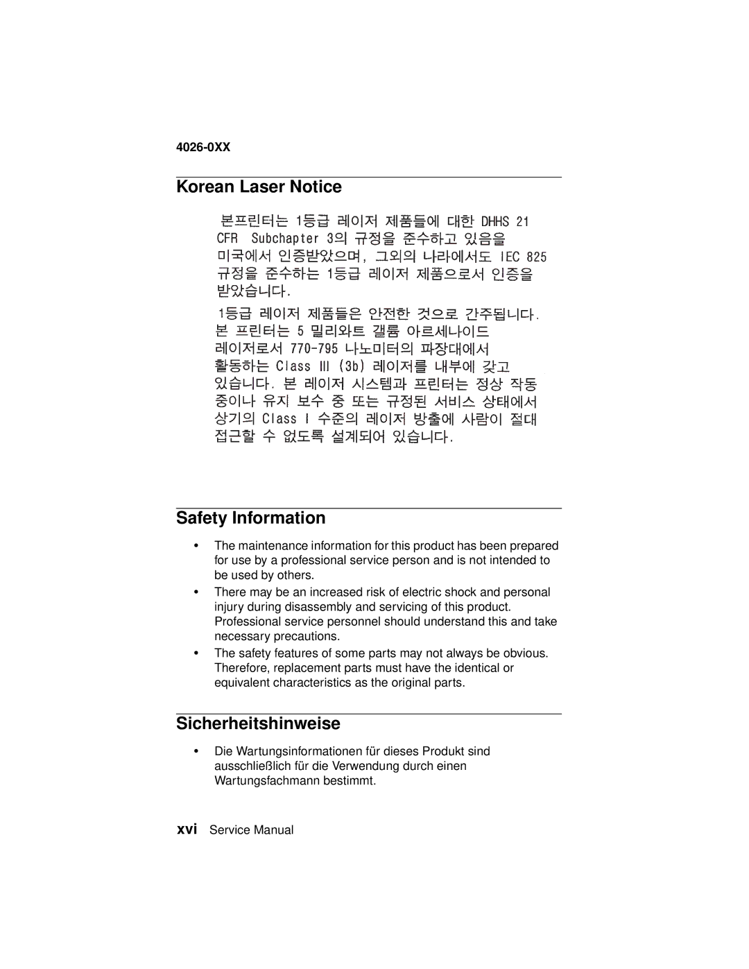 Lexmark 4026-0XX manual Korean Laser Notice Safety Information, Sicherheitshinweise 