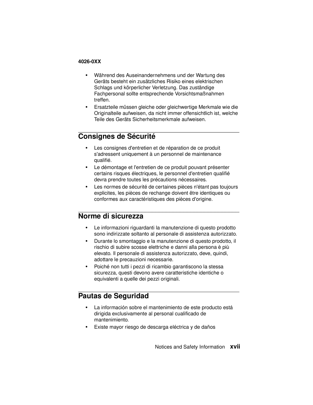 Lexmark 4026-0XX manual Consignes de Sécurité, Norme di sicurezza, Pautas de Seguridad 