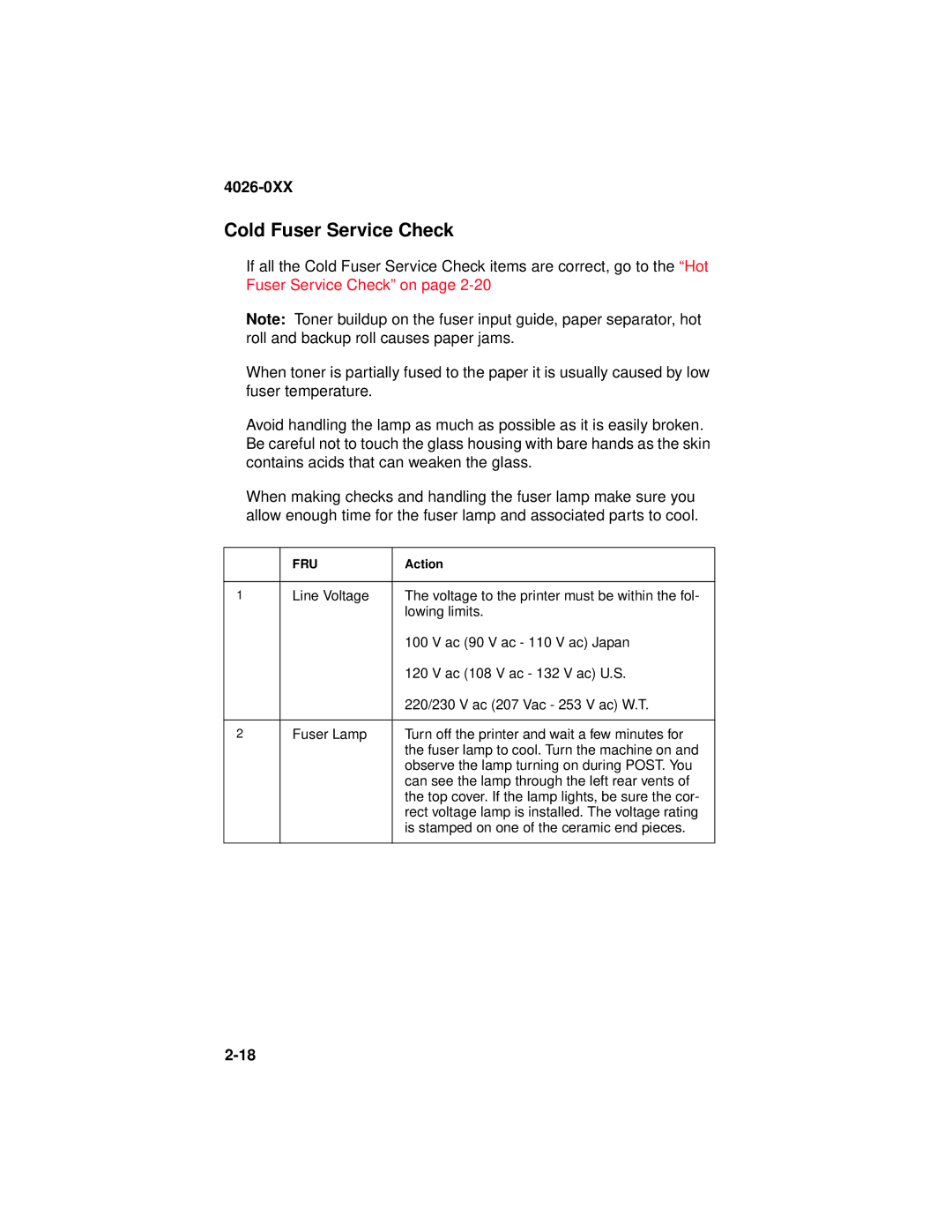 Lexmark 4026-0XX manual Cold Fuser Service Check 