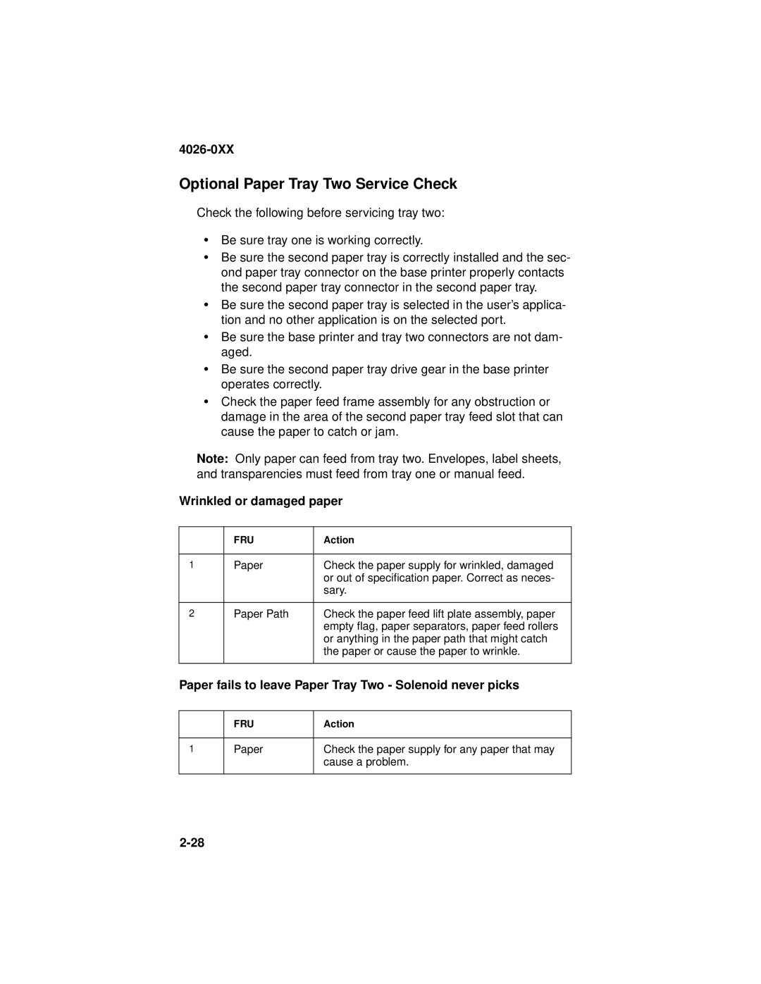 Lexmark 4026-0XX manual Optional Paper Tray Two Service Check, Wrinkled or damaged paper 