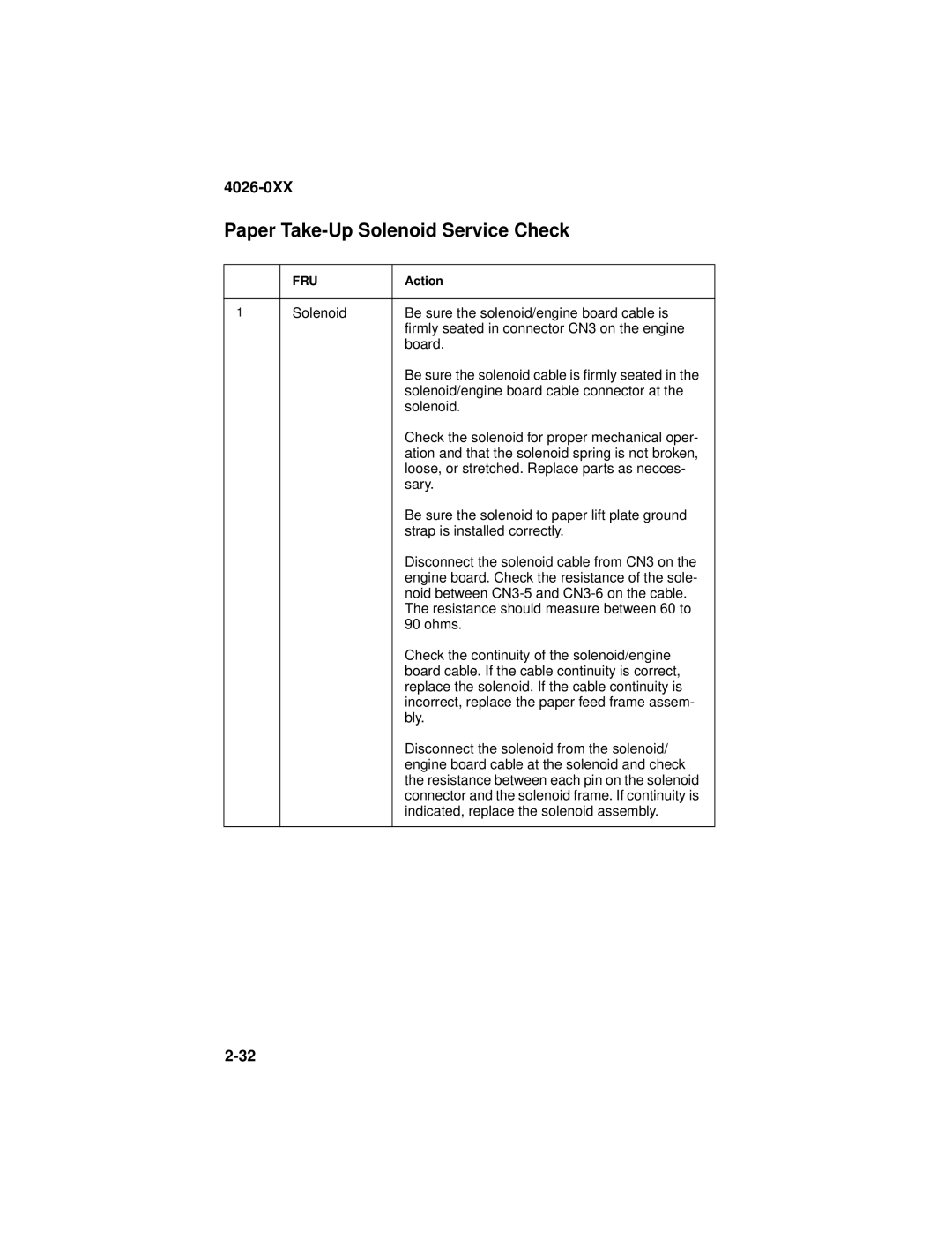 Lexmark 4026-0XX manual Paper Take-Up Solenoid Service Check, Engine board cable at the solenoid and check 