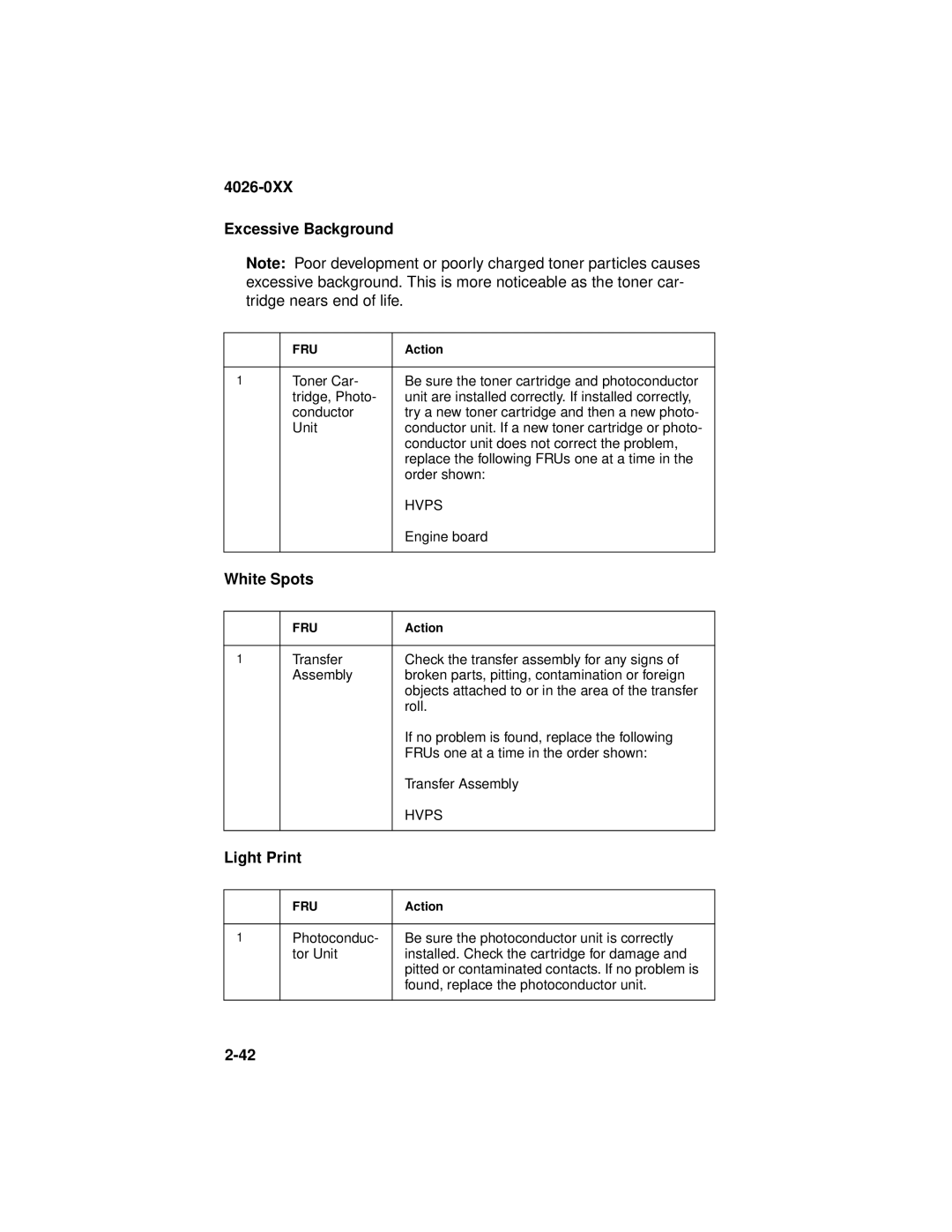 Lexmark manual 4026-0XX Excessive Background, White Spots, Light Print 