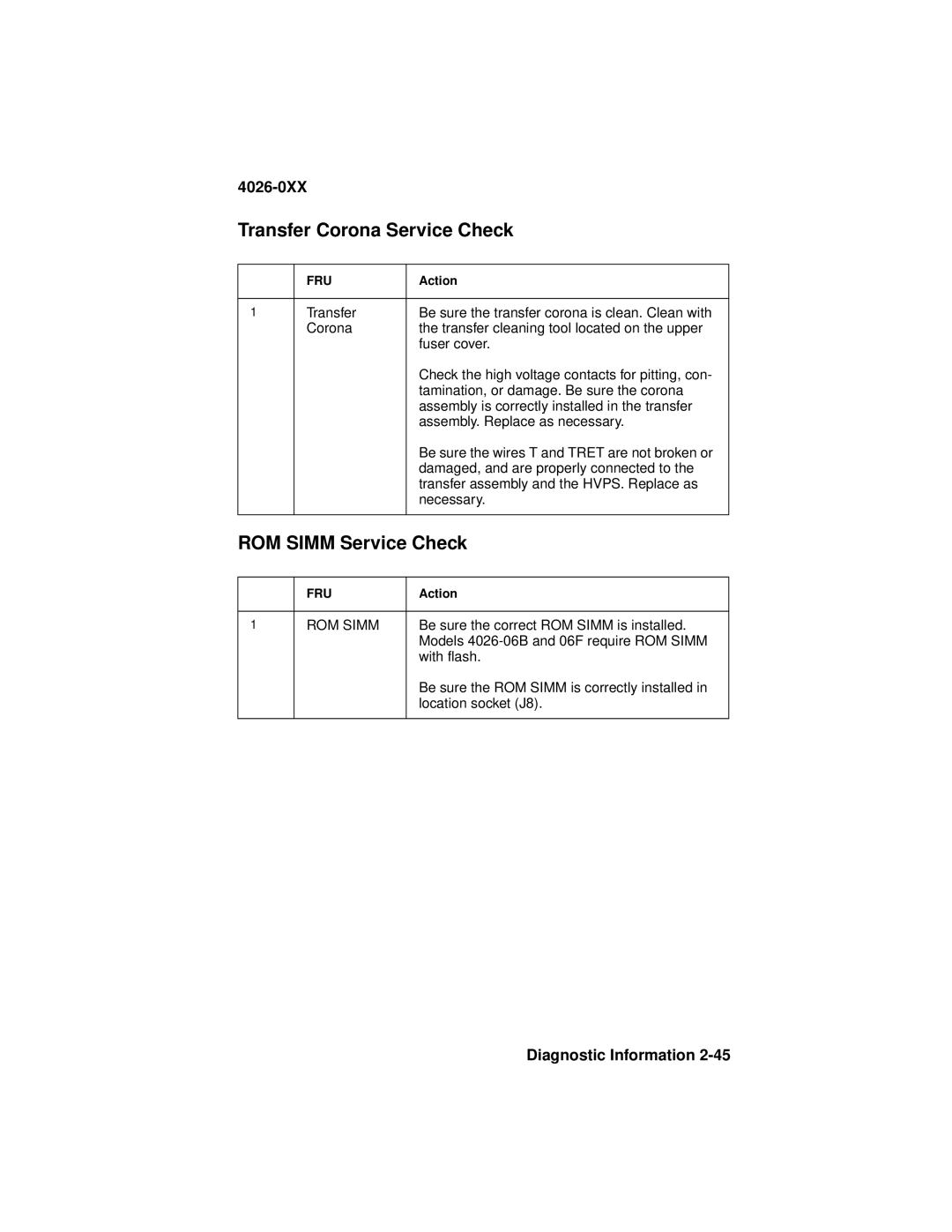 Lexmark 4026-0XX manual Transfer Corona Service Check, ROM Simm Service Check 