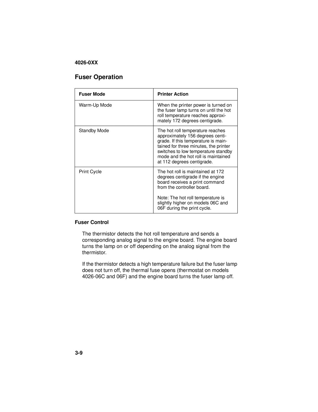 Lexmark 4026-0XX manual Fuser Operation, Fuser Control 