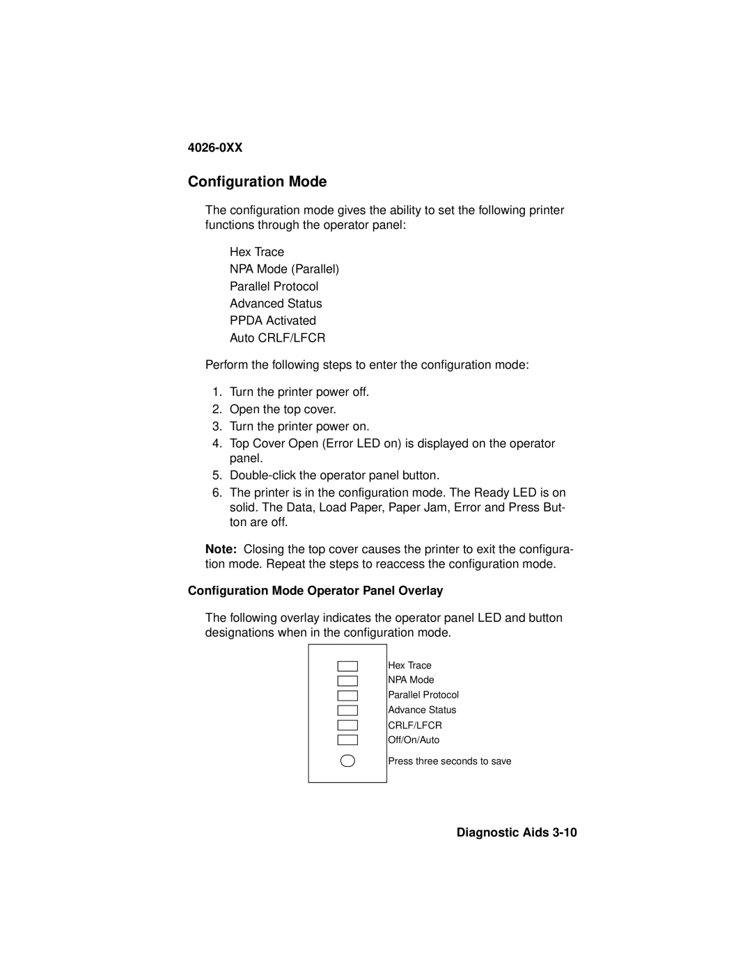 Lexmark 4026-0XX manual Configuration Mode Operator Panel Overlay 