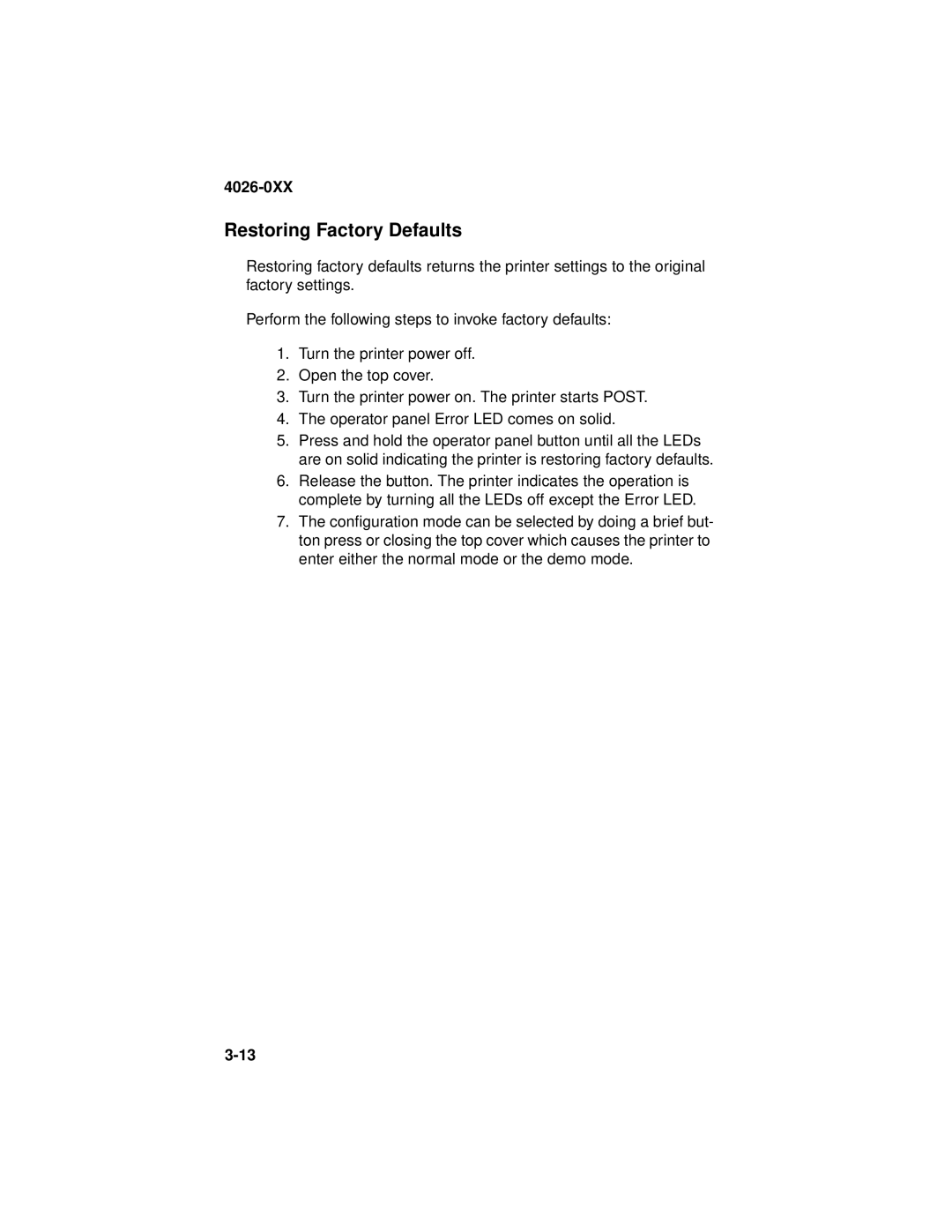 Lexmark 4026-0XX manual Restoring Factory Defaults 