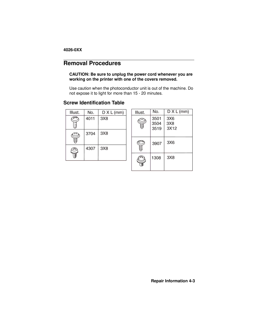 Lexmark 4026-0XX manual Removal Procedures, Screw Identification Table 