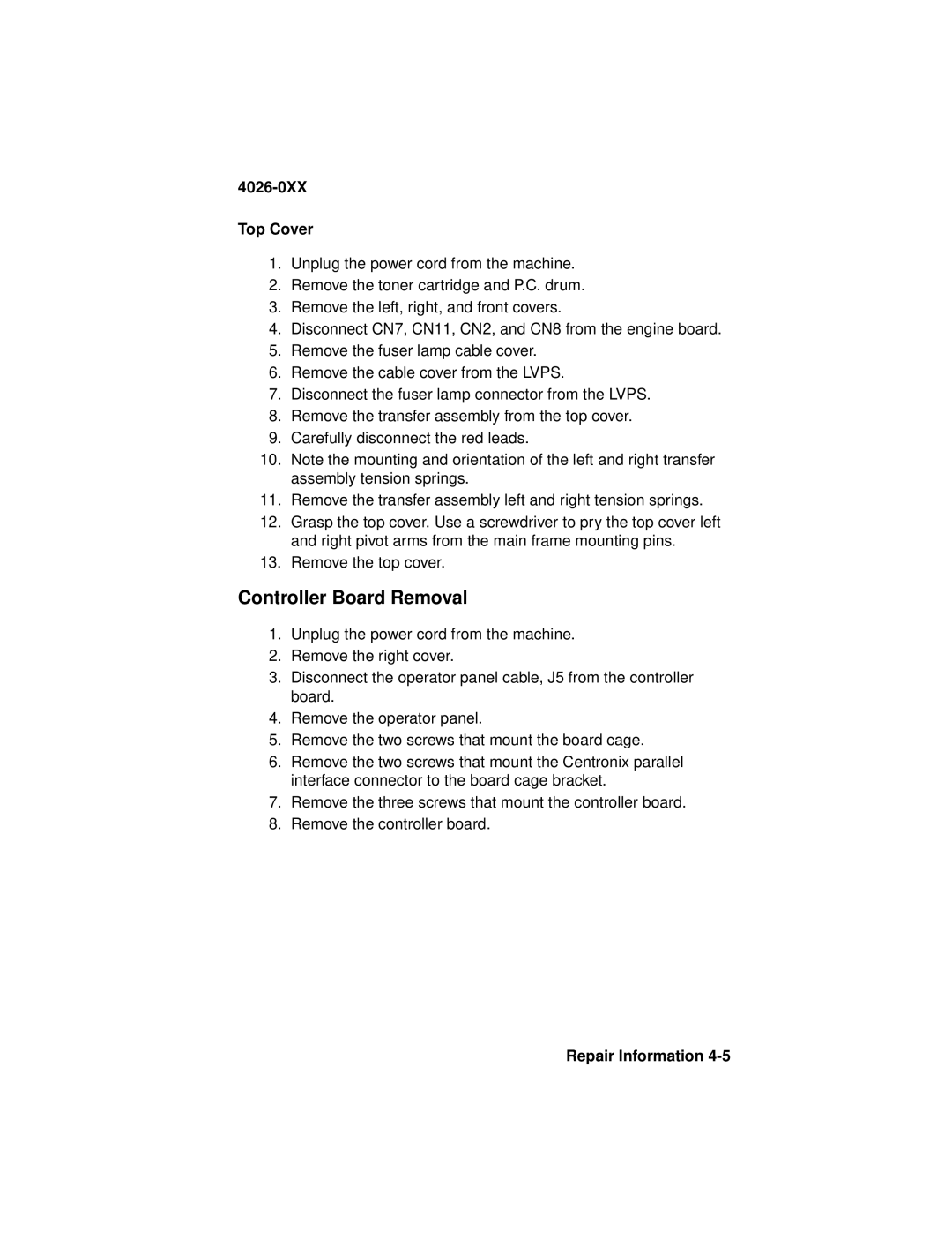Lexmark manual Controller Board Removal, 4026-0XX Top Cover 
