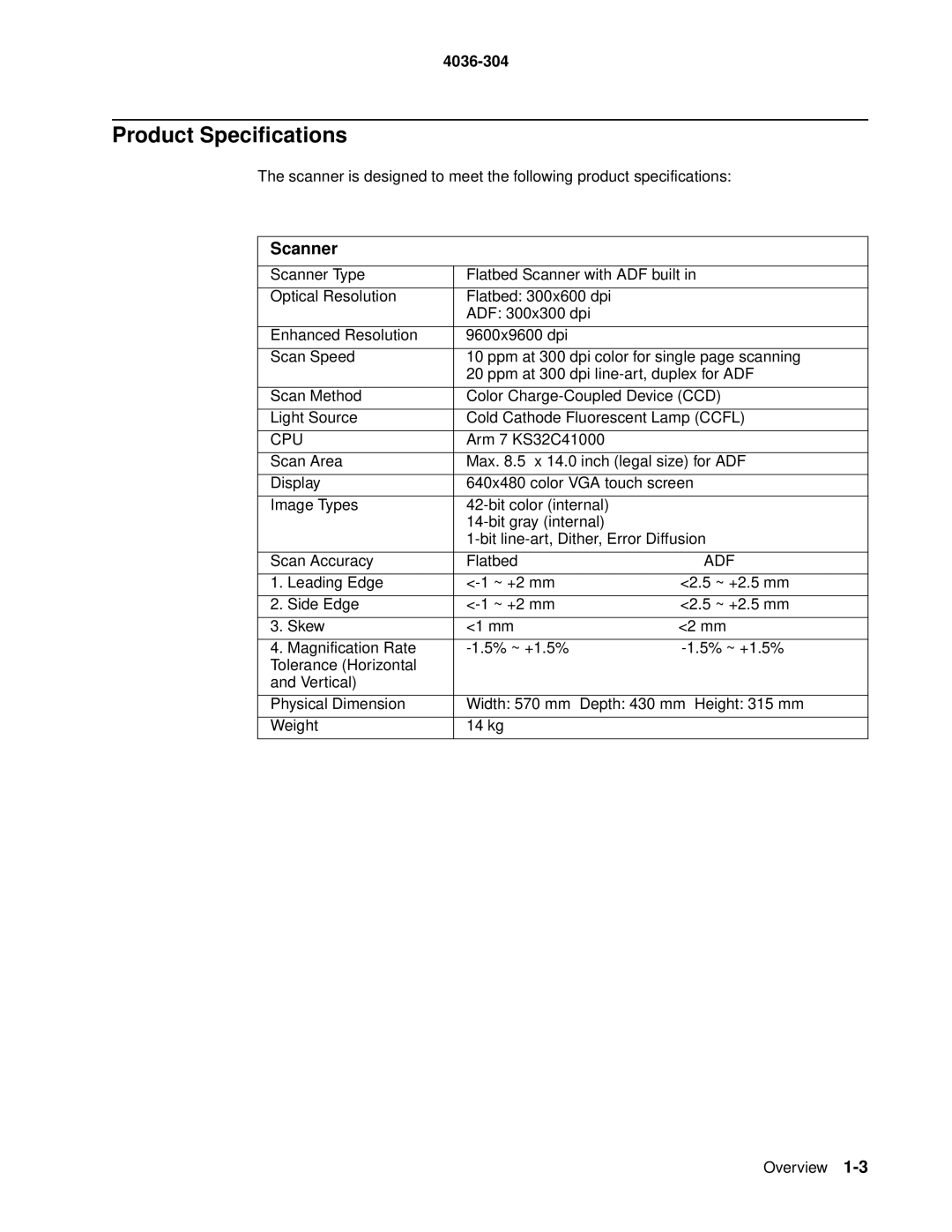 Lexmark 4036-304 manual Product Specifications, Scanner 