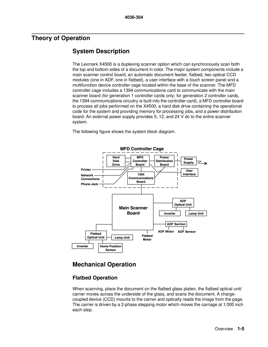 Lexmark 4036-304 manual Theory of Operation System Description, Mechanical Operation, Flatbed Operation 