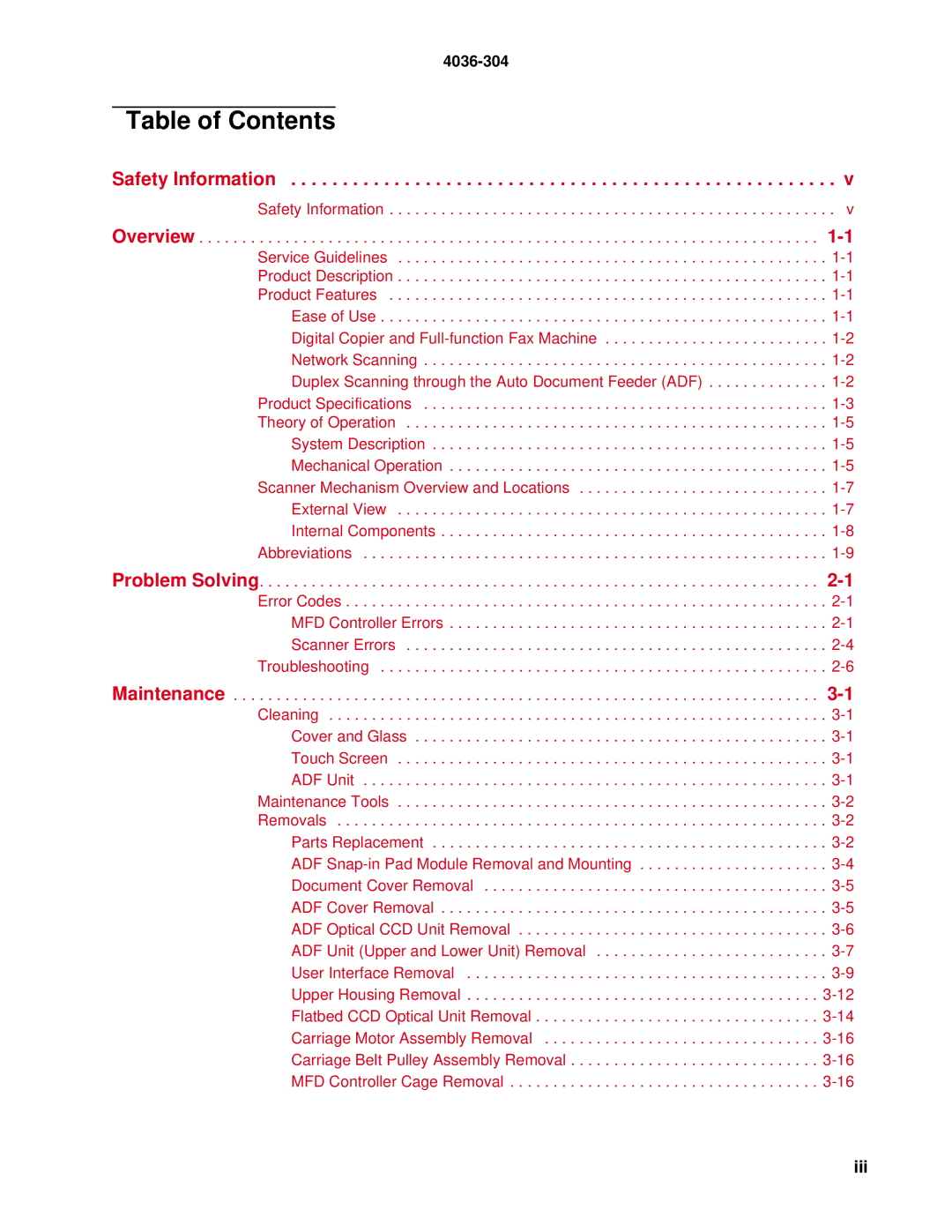 Lexmark 4036-304 manual Table of Contents 