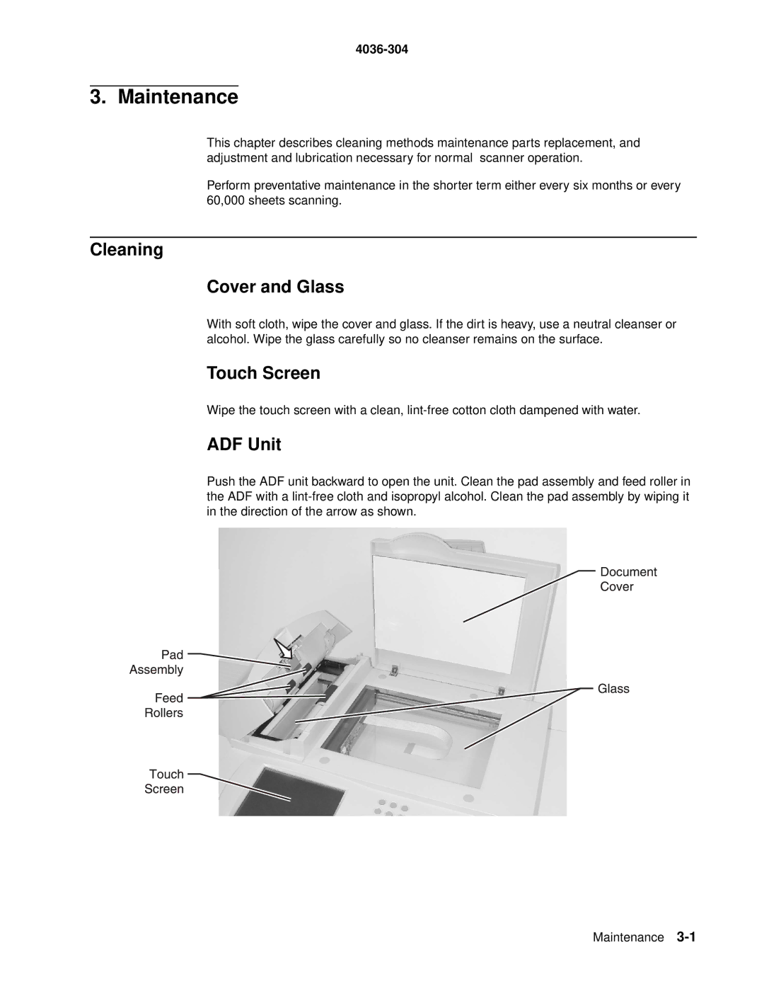 Lexmark 4036-304 manual Maintenance, Cleaning Cover and Glass, Touch Screen, ADF Unit 