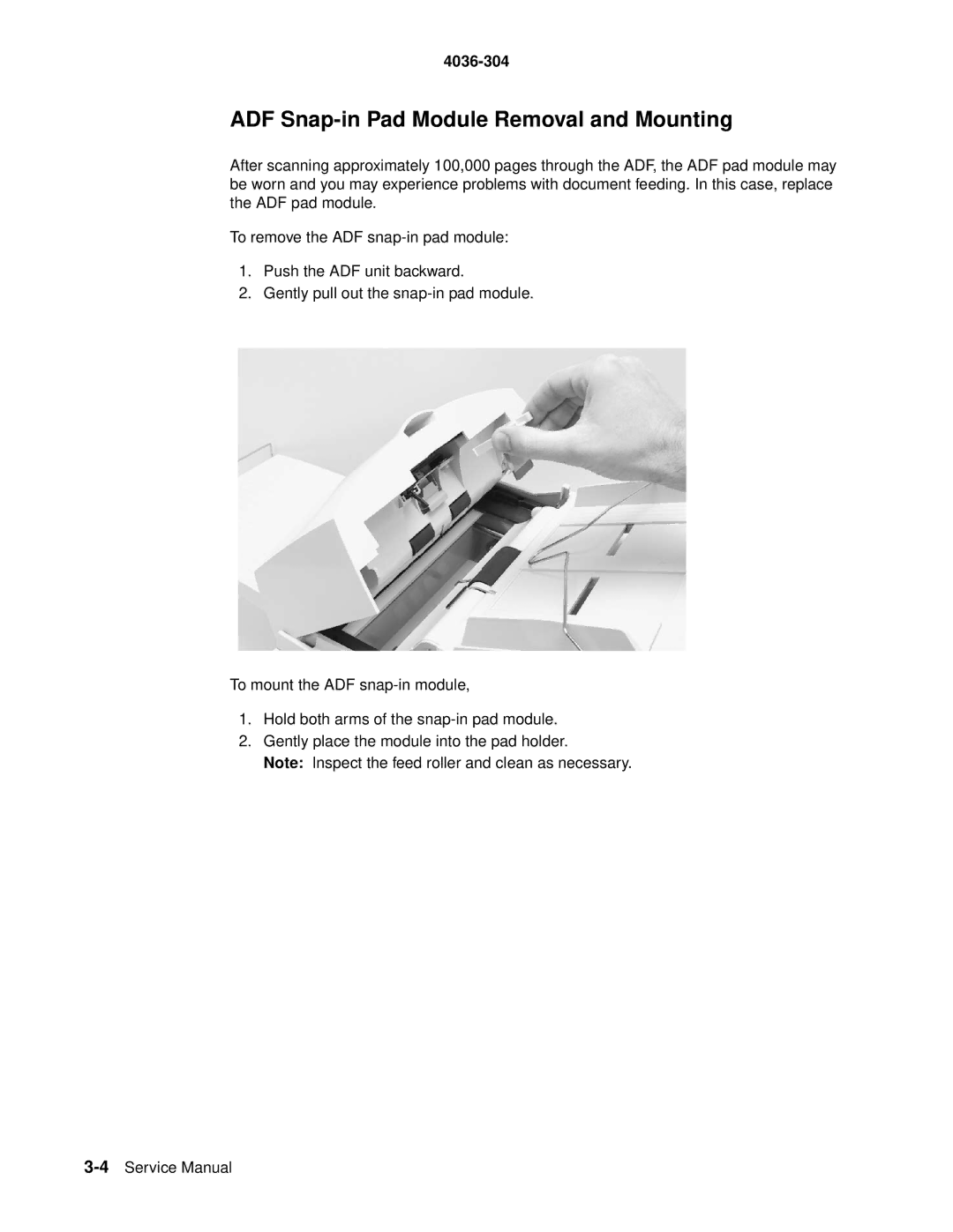 Lexmark 4036-304 manual ADF Snap-in Pad Module Removal and Mounting 