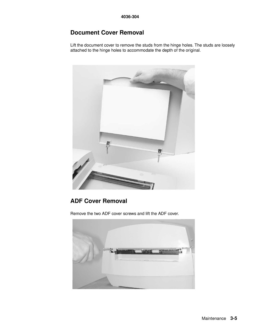 Lexmark 4036-304 manual Document Cover Removal, ADF Cover Removal 