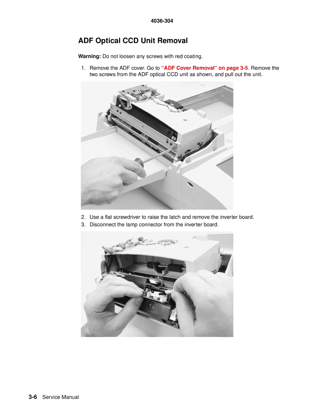 Lexmark 4036-304 manual ADF Optical CCD Unit Removal 