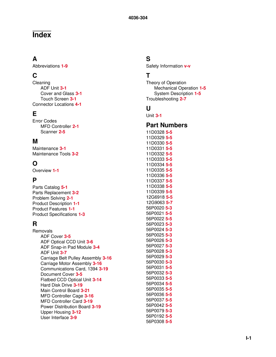 Lexmark 4036-304 manual Index, Part Numbers 