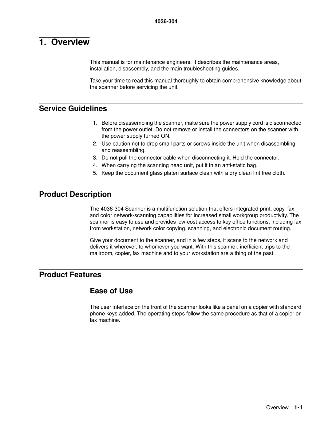 Lexmark 4036-304 manual Overview, Service Guidelines, Product Description, Product Features Ease of Use 