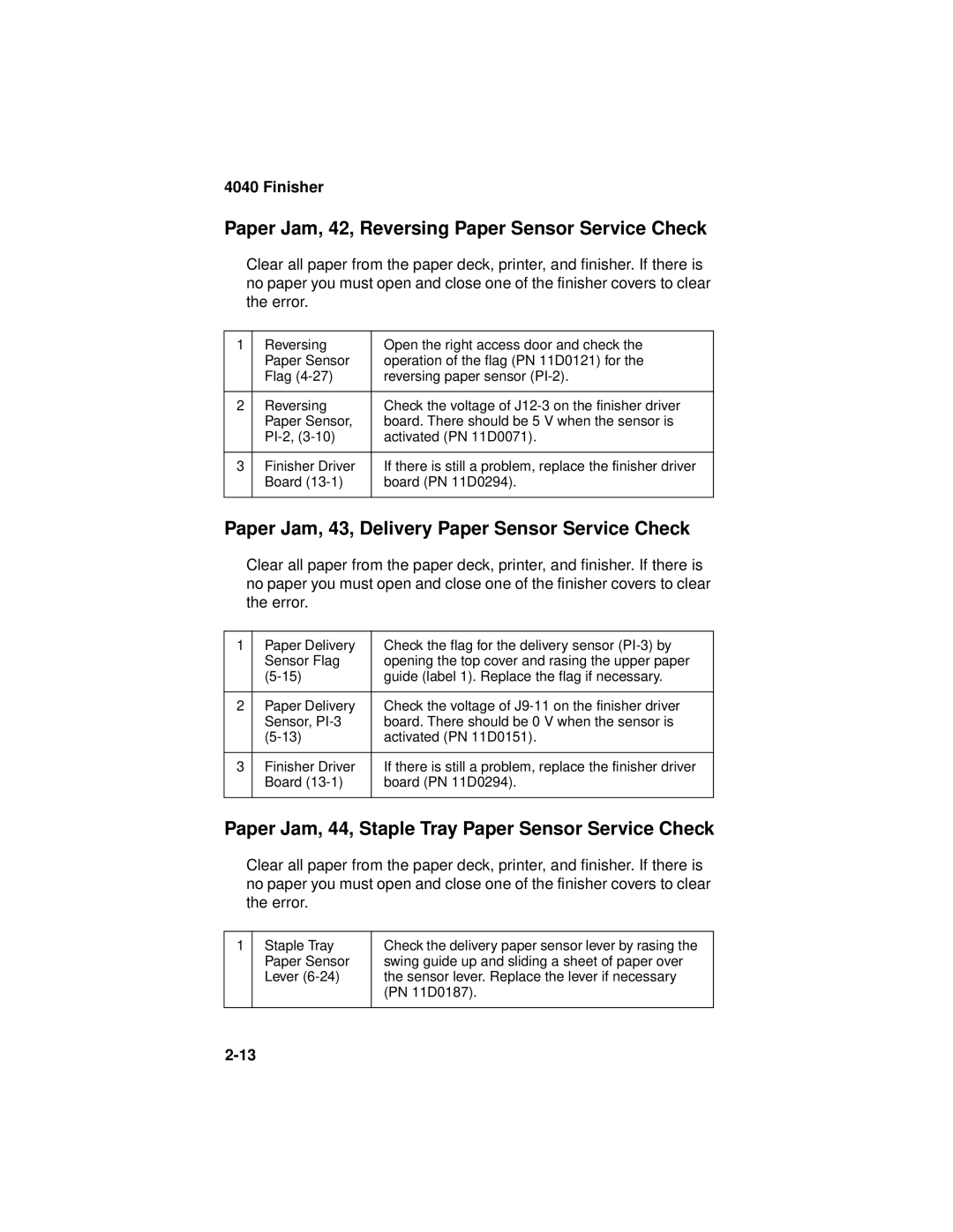 Lexmark 4040-FIN Paper Jam, 42, Reversing Paper Sensor Service Check, Paper Jam, 43, Delivery Paper Sensor Service Check 