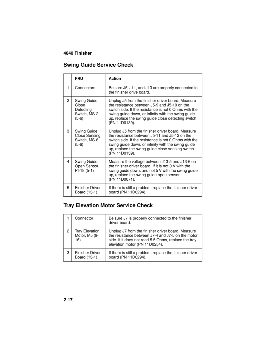 Lexmark 4040-FIN manual Swing Guide Service Check, Tray Elevation Motor Service Check 