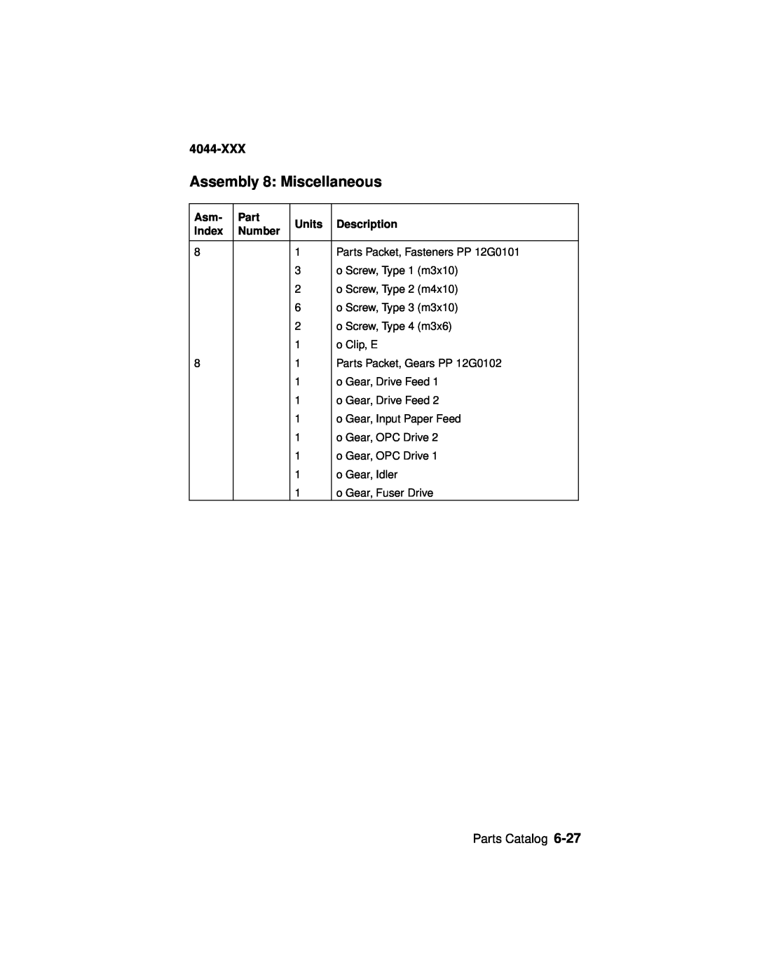 Lexmark E310 manual Assembly 8: Miscellaneous, 4044-XXX, Part, Units, Description, Index, Number 