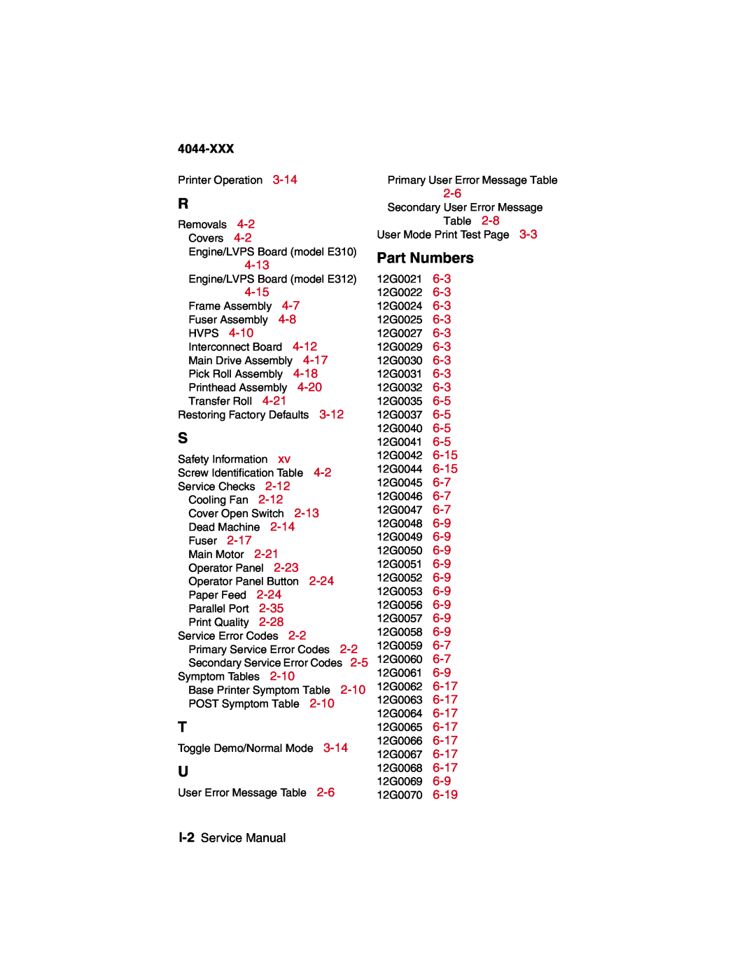 Lexmark 4044-XXX, E310 manual Part Numbers, I-2 Service Manual 