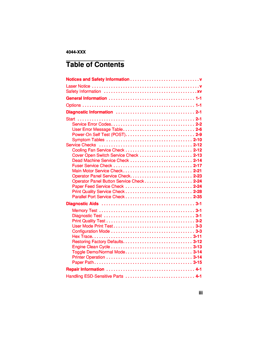 Lexmark E310 manual Table of Contents, 4044-XXX 