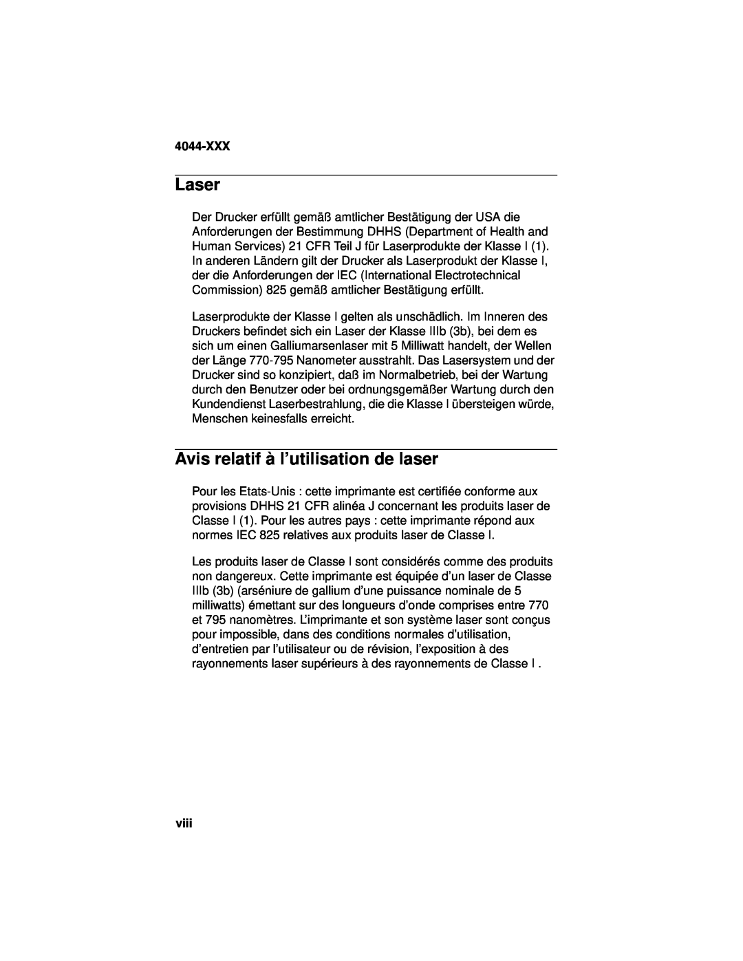 Lexmark 4044-XXX, E310 manual Laser, Avis relatif à l’utilisation de laser, viii 