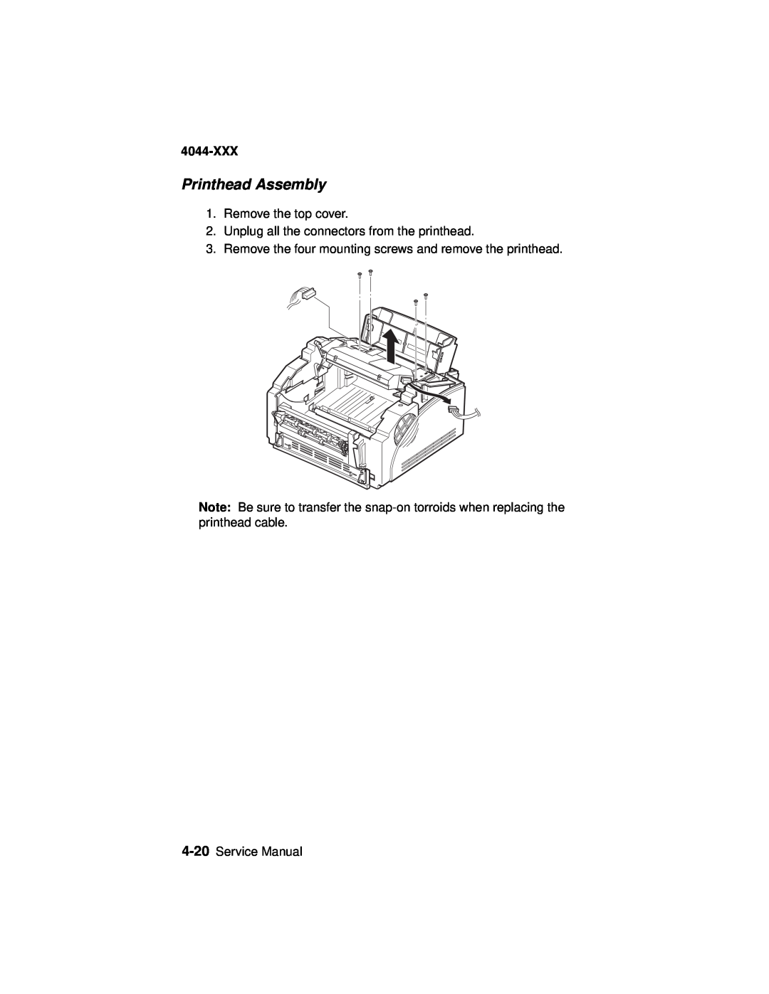 Lexmark 4044-XXX Printhead Assembly, Remove the top cover, Unplug all the connectors from the printhead, Service Manual 