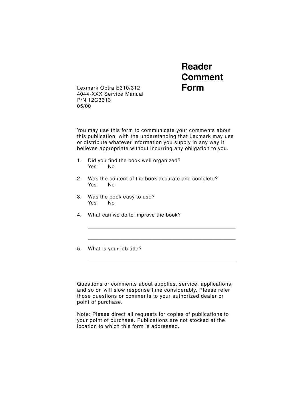 Lexmark E310, 4044-XXX manual Reader Comment Form 