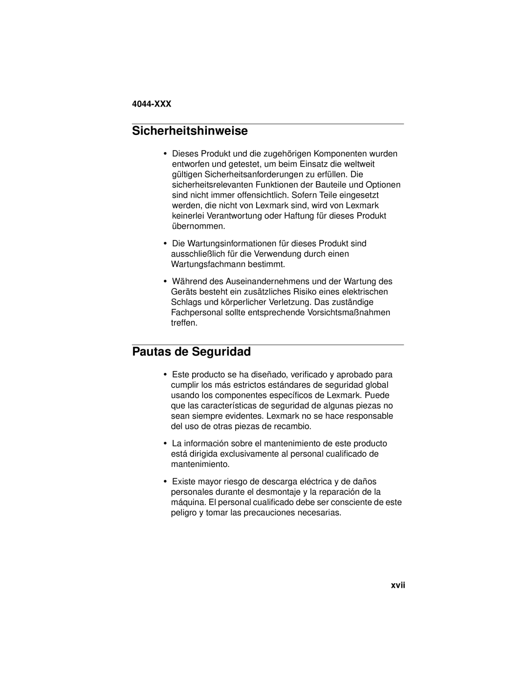 Lexmark E310, 4044-XXX manual Sicherheitshinweise, Pautas de Seguridad, Xvii 