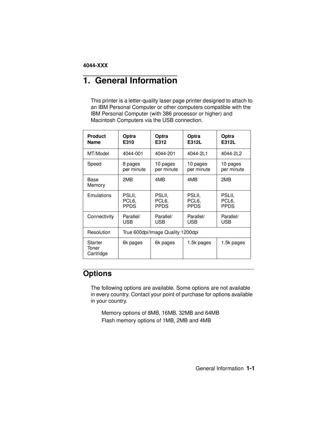 Lexmark E310, 4044-XXX manual General Information, Options 