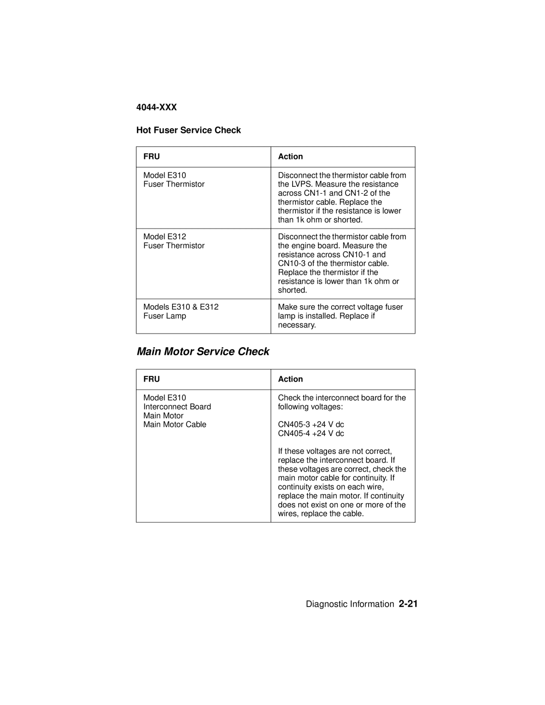 Lexmark E310, 4044-XXX manual Main Motor Service Check, XXX Hot Fuser Service Check 